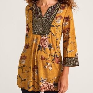 Soft Surroundings Floral Tunic Top‎ Embroidered V Neck 3/4 Sleeve Mustard